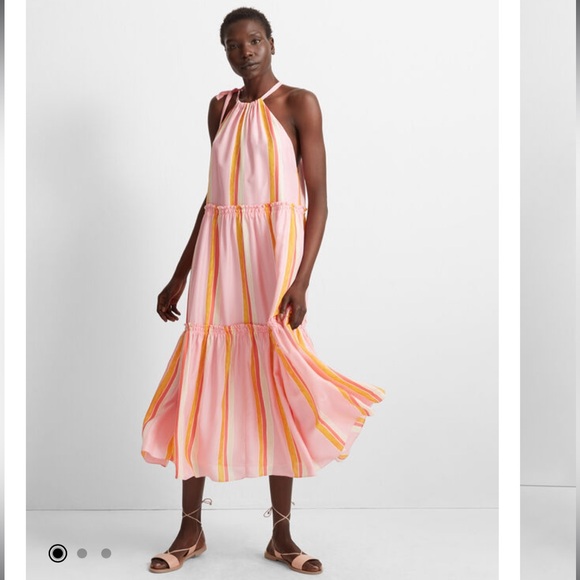 RTR Club Monaco‎ Amirra Silk Pink Multi Stripe Sleeveless Tiered Midi Dress Sz 4 - Picture 1 of 9